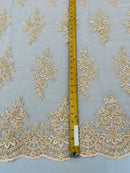 Fancy Border Cluster Fabric - Blush - Embroidered Beaded Flower Lace Design on Mesh Yard