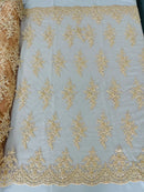 Fancy Border Cluster Fabric - Blush - Embroidered Beaded Flower Lace Design on Mesh Yard