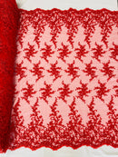 Beaded Fancy Floral Cluster - Red - Embroidered Glamorous Floral Design by Yard