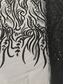 Sea Plant Beaded Fabric - Black - Beaded Embroidered Sea Plant Design Fabric by Yard