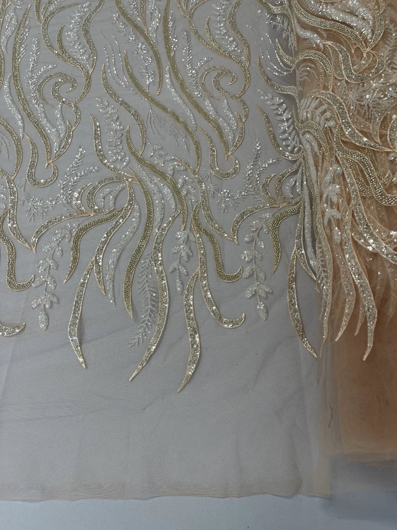 Sea Plant Beaded Fabric - Clear Nude - Beaded Embroidered Sea Plant Design Fabric by Yard