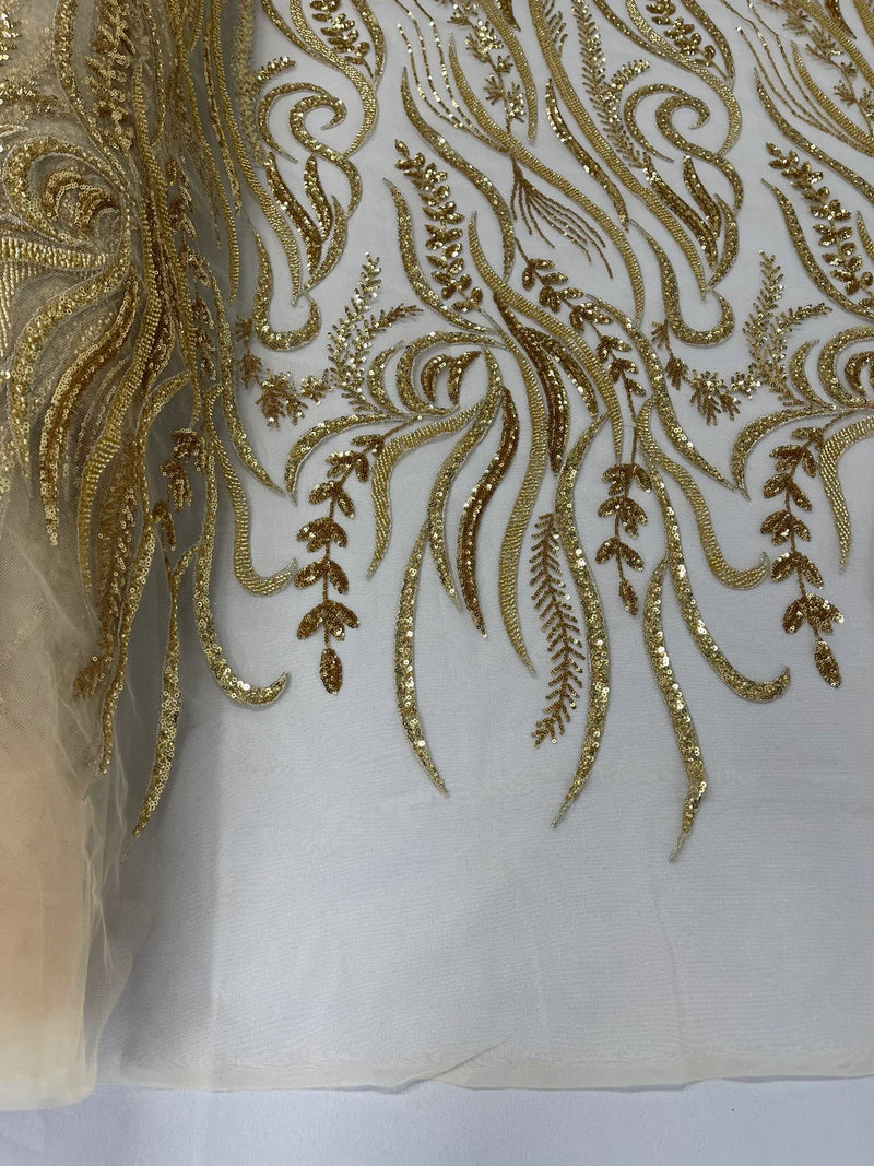 Sea Plant Beaded Fabric - Gold - Beaded Embroidered Sea Plant Design Fabric by Yar
