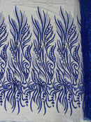 Sea Plant Beaded Fabric - Royal Blue - Beaded Embroidered Sea Plant Design Fabric by Yard