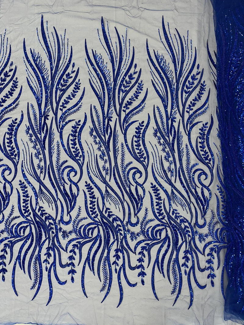 Sea Plant Beaded Fabric - Royal Blue - Beaded Embroidered Sea Plant Design Fabric by Yard