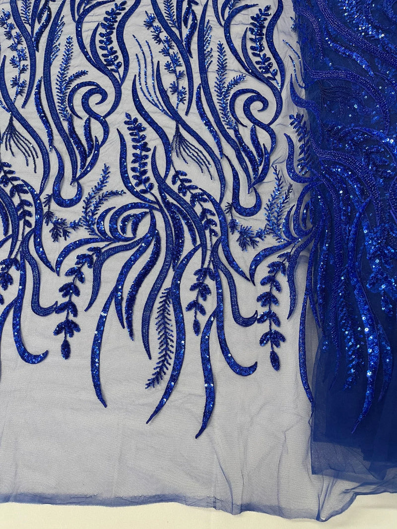 Sea Plant Beaded Fabric - Royal Blue - Beaded Embroidered Sea Plant Design Fabric by Yard