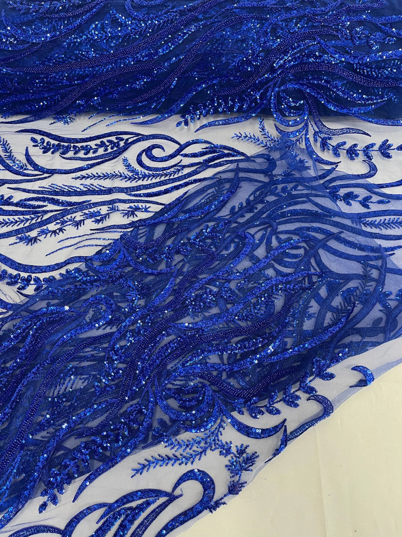 Sea Plant Beaded Fabric - Royal Blue - Beaded Embroidered Sea Plant Design Fabric by Yard