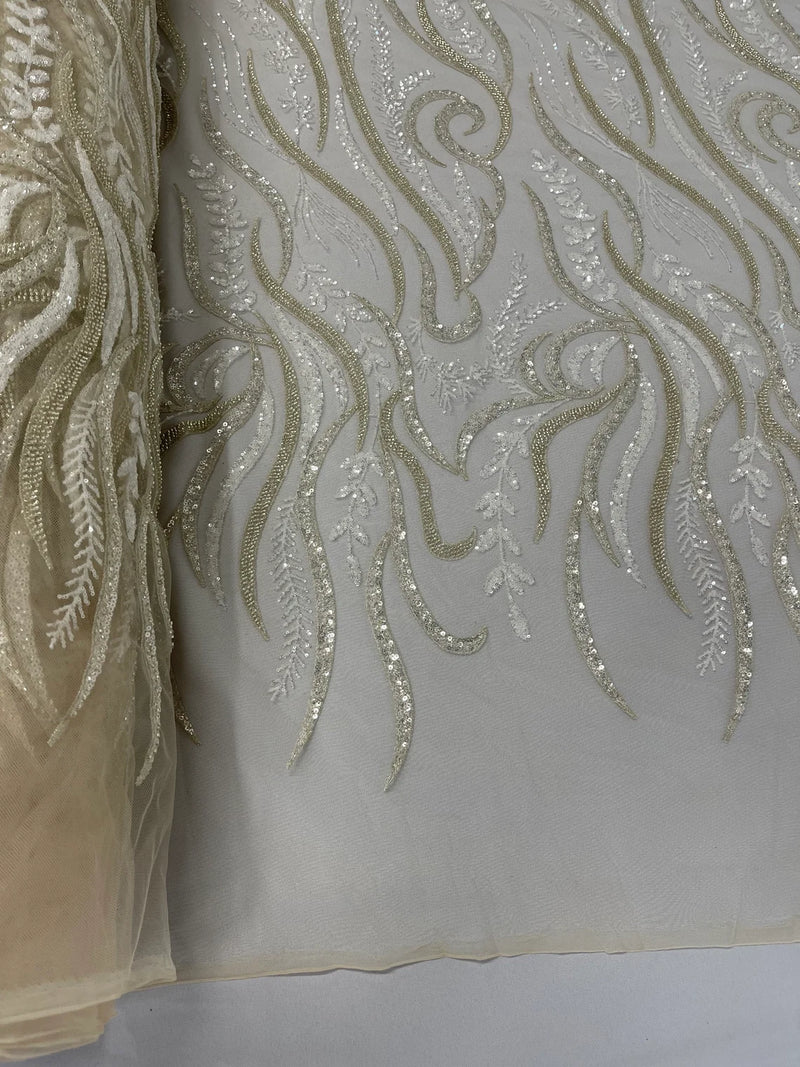 Sea Plant Beaded Fabric - Clear Cream - Beaded Embroidered Sea Plant Design Fabric by Yard