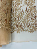 Beaded Flame Design Fabric - Rose Gold - Beaded Embroidered Fire Flame Design Fabric by Yard