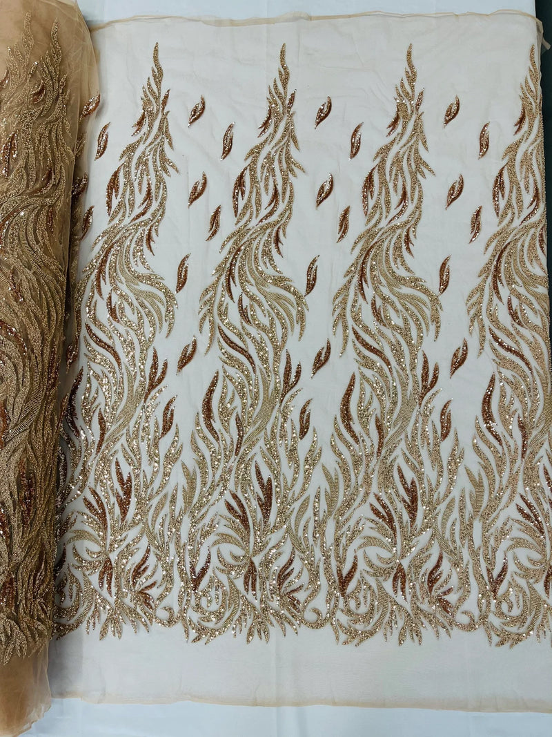 Beaded Flame Design Fabric - Rose Gold - Beaded Embroidered Fire Flame Design Fabric by Yard
