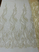 Beaded Flame Design Fabric - Clear Cream - Beaded Embroidered Fire Flame Design Fabric by Yard