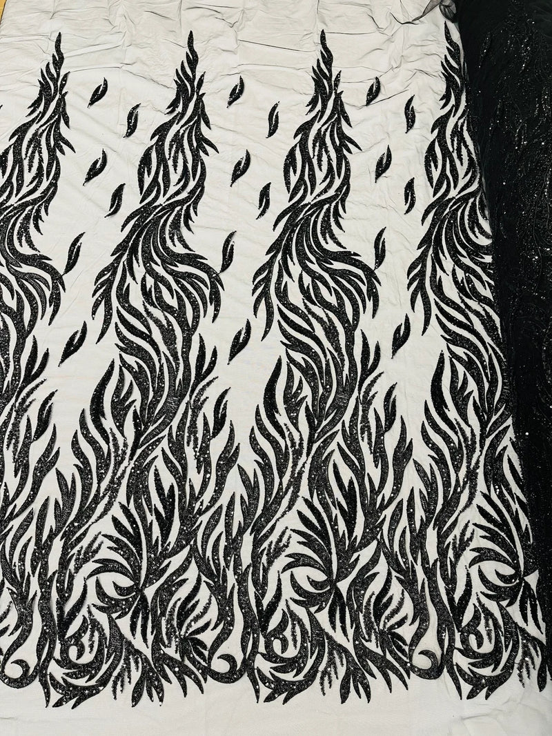 Beaded Flame Design Fabric - Black - Beaded Embroidered Fire Flame Design Fabric by Yard