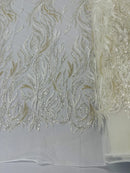 Beaded Flame Design Fabric - Ivory - Beaded Embroidered Fire Flame Design Fabric by Yard