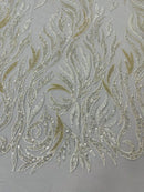 Beaded Flame Design Fabric - Ivory - Beaded Embroidered Fire Flame Design Fabric by Yard