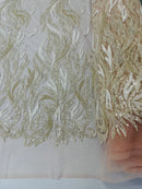 Beaded Flame Design Fabric - Clear - Beaded Embroidered Fire Flame Design Fabric by Yard