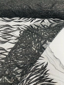 Beaded Elegant Fabric - Black - Leaf Design Beaded Embroidered Fabric by Yard