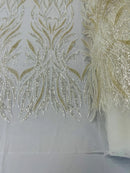 Beaded Elegant Fabric - Ivory - Leaf Design Beaded Embroidered Fabric by Yard