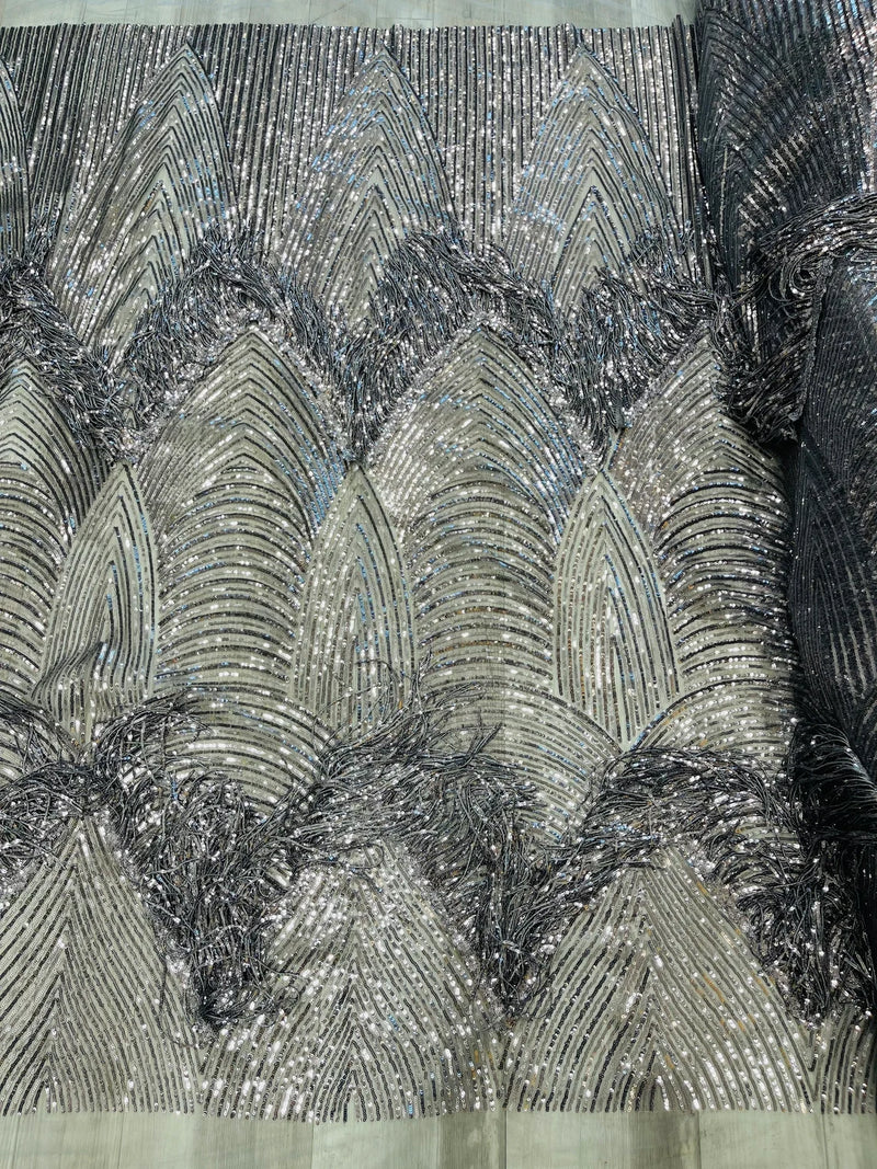 Fringe Sequins Fabric - Gray / Silver - Hanging Sequins 2 Way Stretch Fabric Sold By Yard