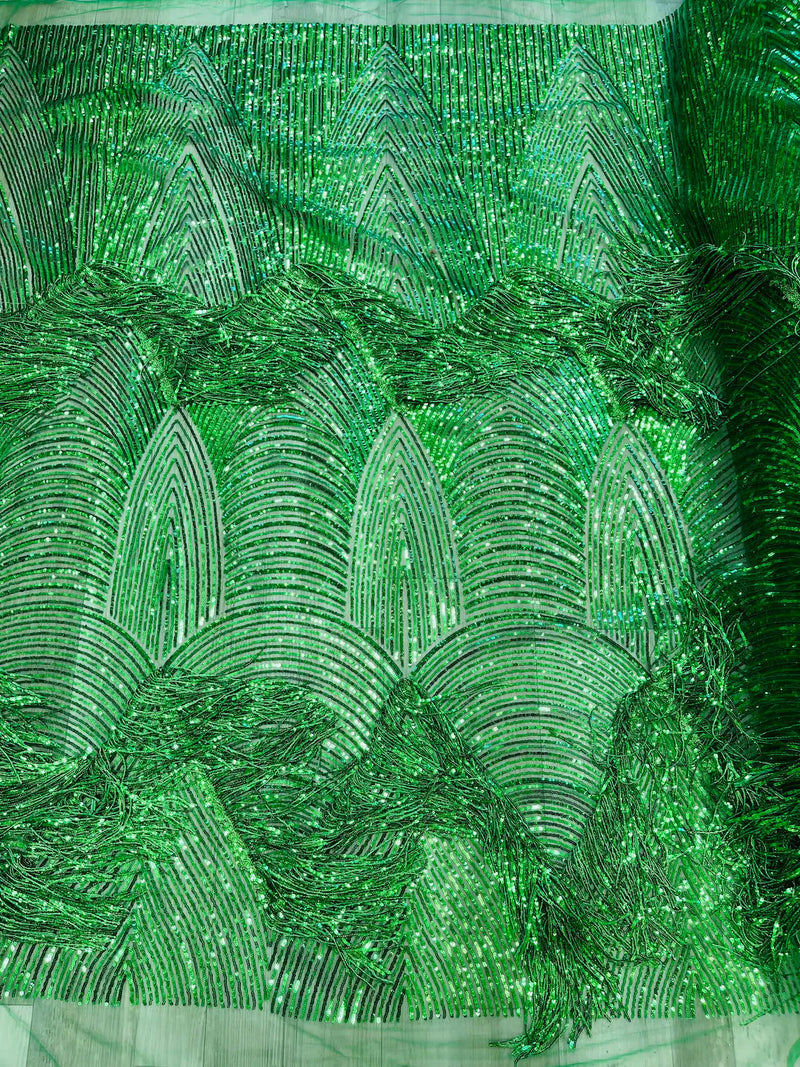 Fringe Sequins Fabric - Green - Hanging Sequins 2 Way Stretch Fabric Sold By Yard