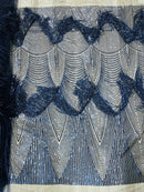 Fringe Sequins Fabric - Navy Blue - Hanging Sequins 2 Way Stretch Fabric Sold By Yard