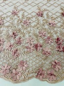 3D Triangle Floral Pearl Fabric - Dusty Rose - 3D Embroidered Floral Design on Lace Mesh By Yard