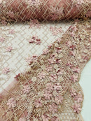 3D Triangle Floral Pearl Fabric - Dusty Rose - 3D Embroidered Floral Design on Lace Mesh By Yard
