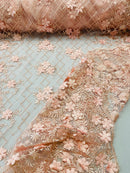 3D Triangle Floral Pearl Fabric - Blush - 3D Embroidered Floral Design on Lace Mesh By Yard