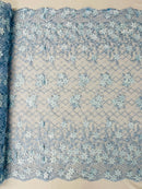 3D Triangle Floral Pearl Fabric - Baby Blue - 3D Embroidered Floral Design on Lace Mesh By Yard