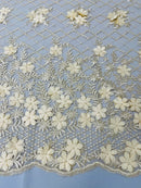 3D Triangle Floral Pearl Fabric - Champagne - 3D Embroidered Floral Design on Lace Mesh By Yard
