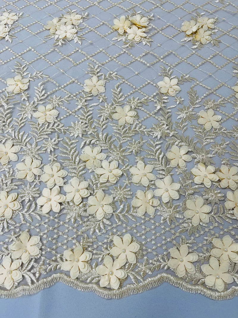 3D Triangle Floral Pearl Fabric - Champagne - 3D Embroidered Floral Design on Lace Mesh By Yard