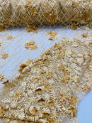 3D Triangle Floral Pearl Fabric - Gold - 3D Embroidered Floral Design on Lace Mesh By Yard