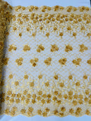 3D Triangle Floral Pearl Fabric - Gold - 3D Embroidered Floral Design on Lace Mesh By Yard