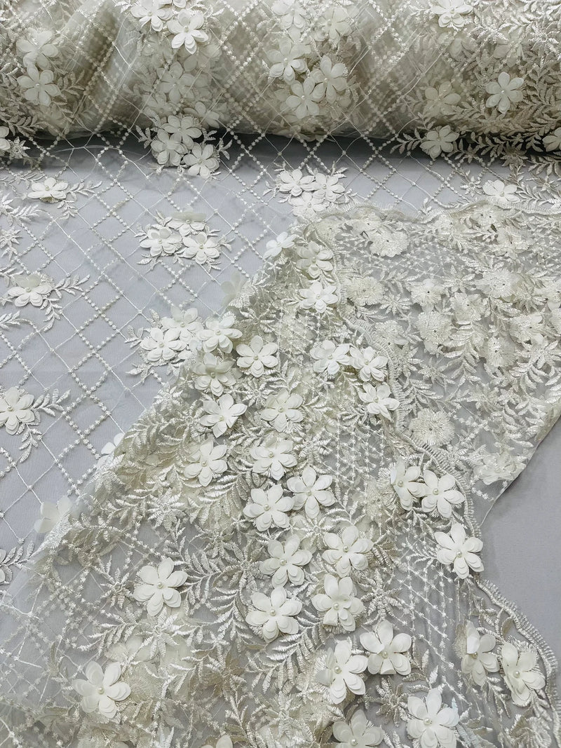 3D Triangle Floral Pearl Fabric - Ivory - 3D Embroidered Floral Design on Lace Mesh By Yard