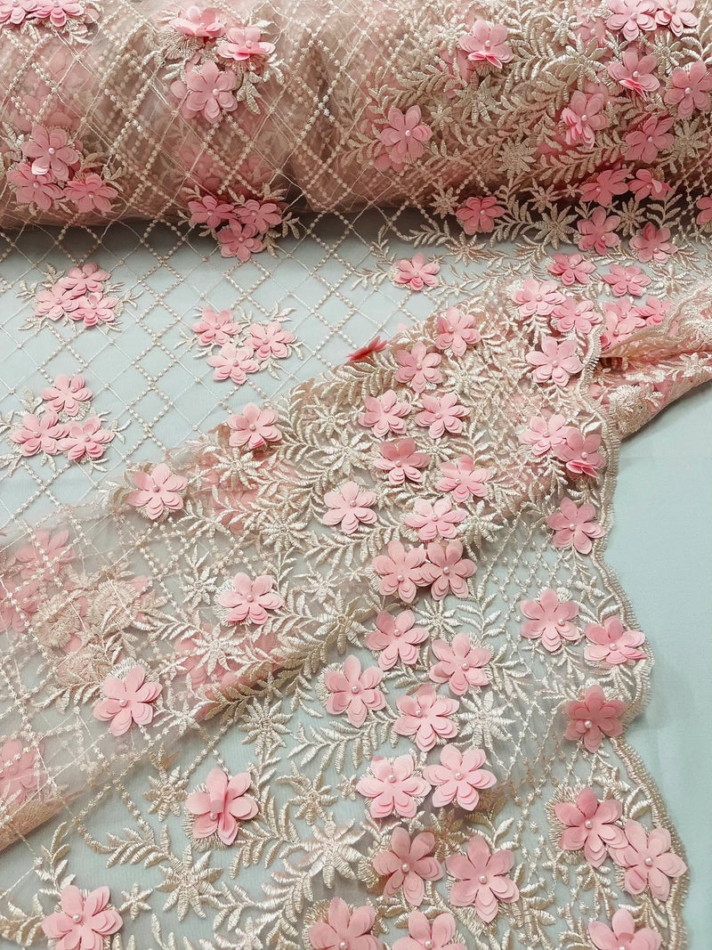 3D Triangle Floral Pearl Fabric - Pink - 3D Embroidered Floral Design on Lace Mesh By Yard