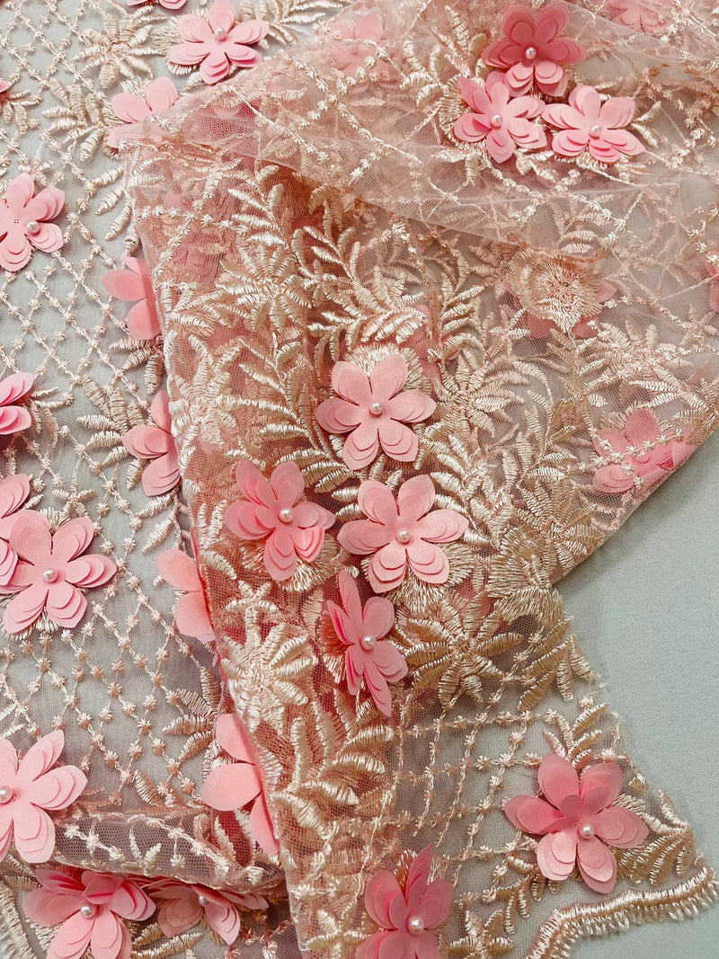 3D Triangle Floral Pearl Fabric - Pink - 3D Embroidered Floral Design on Lace Mesh By Yard
