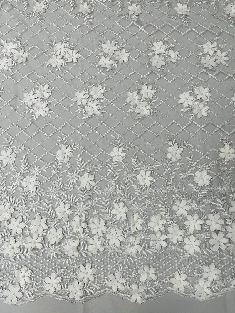3D Triangle Floral Pearl Fabric - White - 3D Embroidered Floral Design on Lace Mesh By Yard