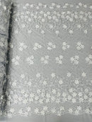 3D Triangle Floral Pearl Fabric - White - 3D Embroidered Floral Design on Lace Mesh By Yard