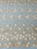 3D Triangle Floral Pearl Fabric - Peach - 3D Embroidered Floral Design on Lace Mesh By Yard