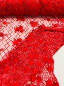 3D Triangle Floral Pearl Fabric - Red - 3D Embroidered Floral Design on Lace Mesh By Yard