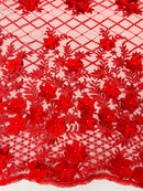 3D Triangle Floral Pearl Fabric - Red - 3D Embroidered Floral Design on Lace Mesh By Yard
