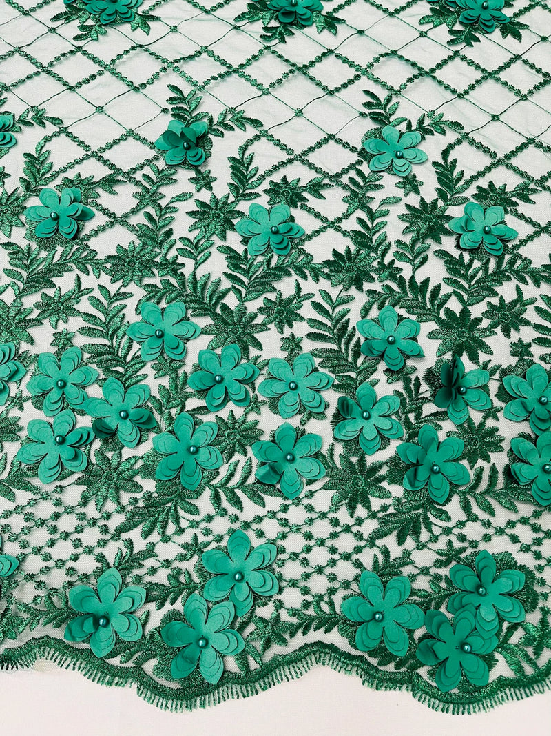 3D Triangle Floral Pearl Fabric - Hunter Green - 3D Embroidered Floral Design on Lace Mesh By Yard