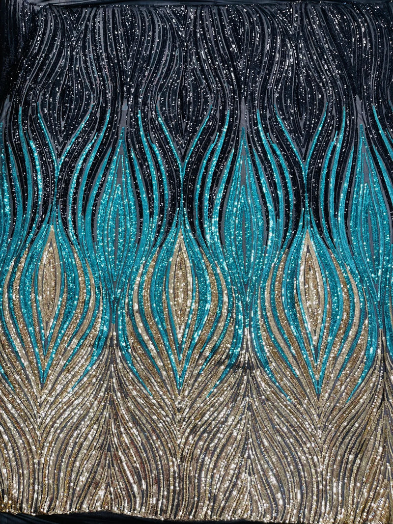 Three Tone Feather Fabric - Black/Turquoise/Silver - 4 Way Stretch Embroidered Sequins By Yard