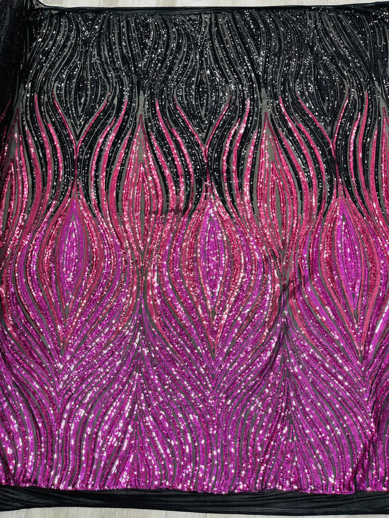 Three Tone Feather Fabric - Magenta/Black - 4 Way Stretch Embroidered Sequins By Yard