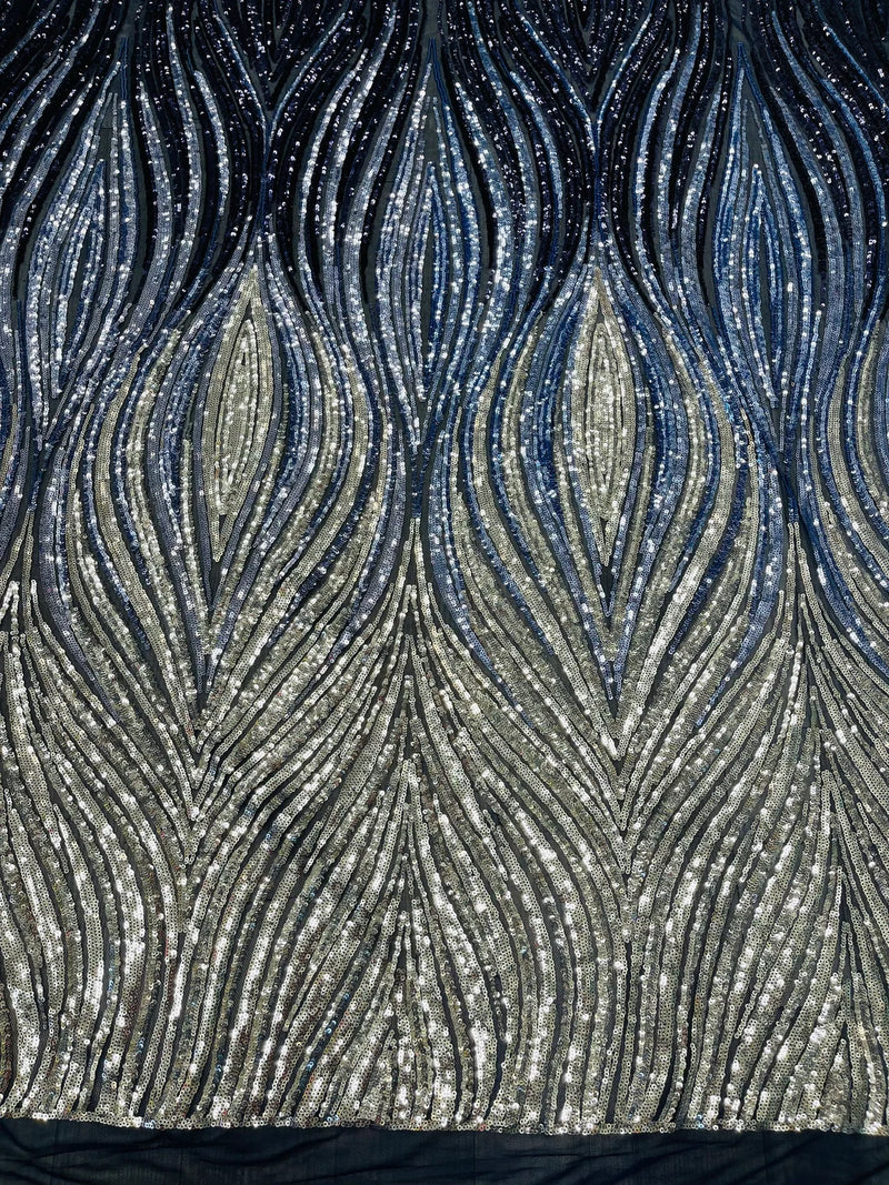 Three Tone Feather Fabric - Black/Silver/Blue - 4 Way Stretch Embroidered Sequins By Yard