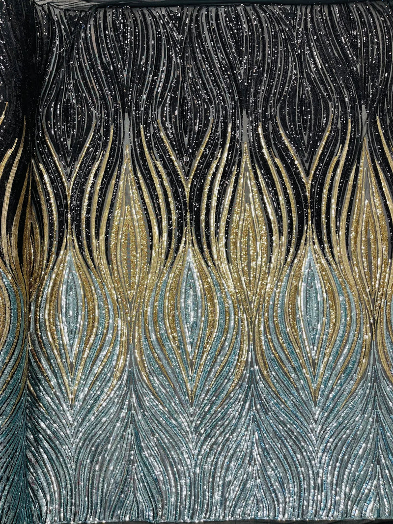 Three Tone Feather Fabric - Black/Gold/Silver - 4 Way Stretch Embroidered Sequins By Yard