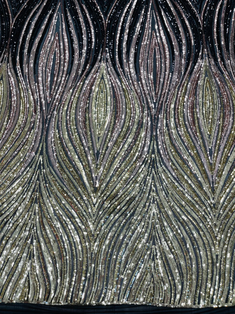 Three Tone Feather Fabric - Black/Rose/Light Gold - 4 Way Stretch Embroidered Sequins By Yard