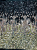 Three Tone Feather Fabric - Black/Rose/Light Gold - 4 Way Stretch Embroidered Sequins By Yard