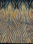 Three Tone Feather Fabric - Navy/Yellow/Gold - 4 Way Stretch Embroidered Sequins By Yard