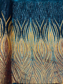 Three Tone Feather Fabric - Navy/Yellow/Gold - 4 Way Stretch Embroidered Sequins By Yard