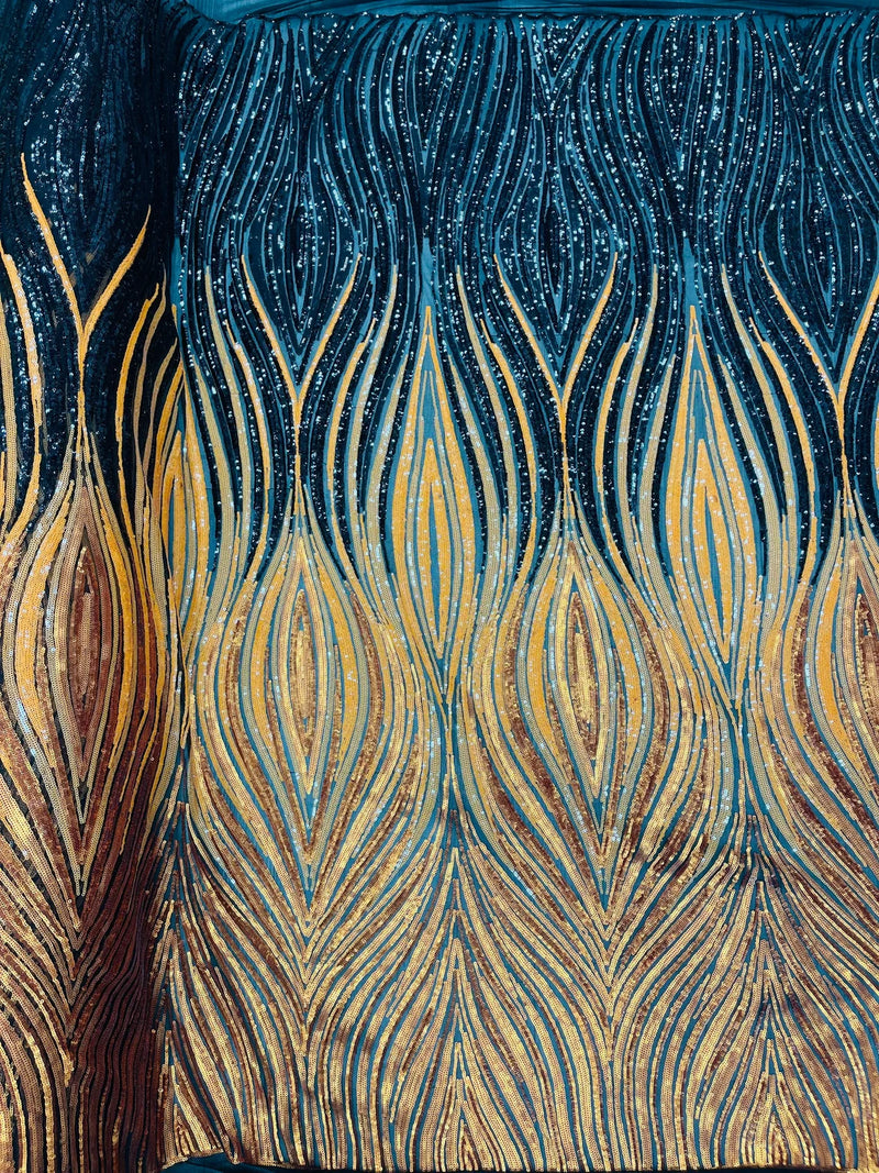 Three Tone Feather Fabric - Navy/Yellow/Gold - 4 Way Stretch Embroidered Sequins By Yard