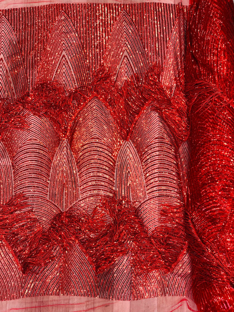 Fringe Sequins Fabric - Red - Hanging Sequins 2 Way Stretch Fabric Sold By Yard